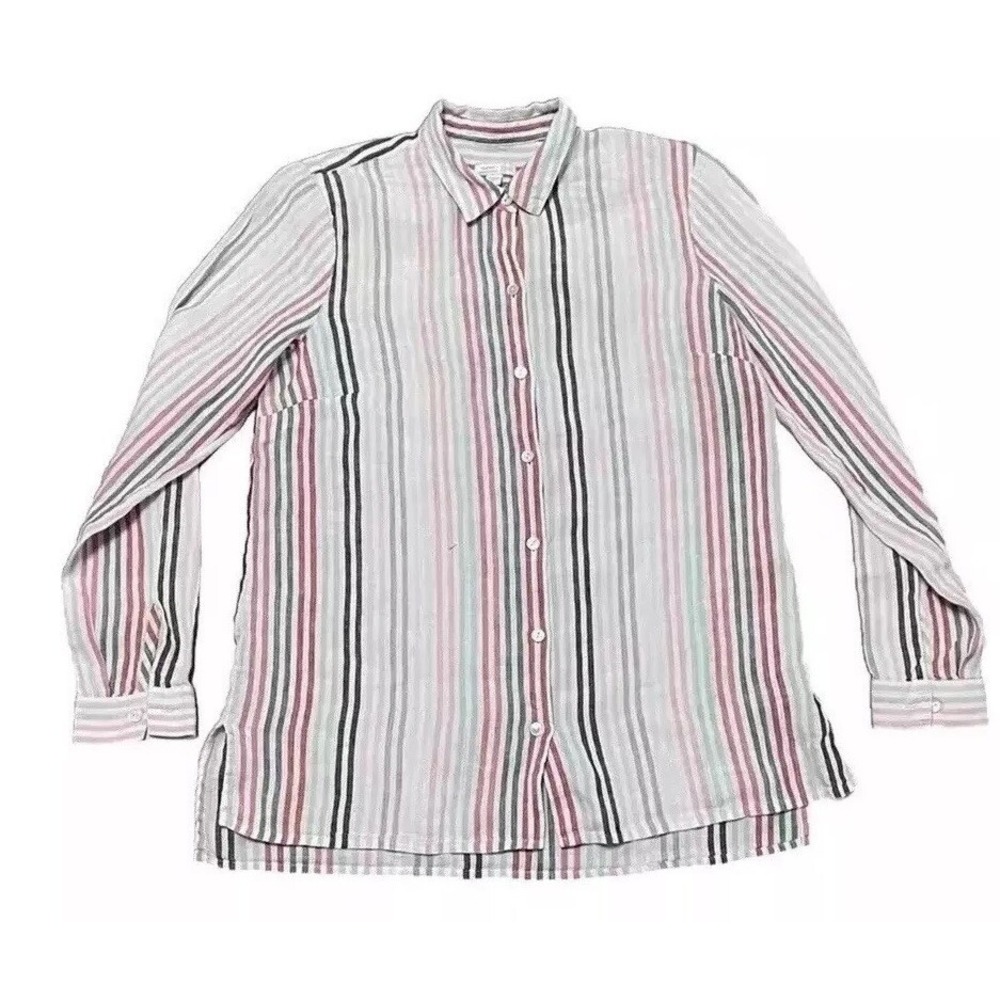J. Jill Love Linen Button Down Shirt Size XS Pink Grey Striped Linen Beach